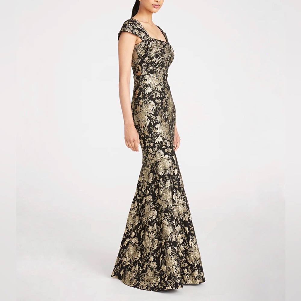 Theia Zenia Fit & Flare Gown Black & Gold Floral Mermaid Holiday Gala Wedding